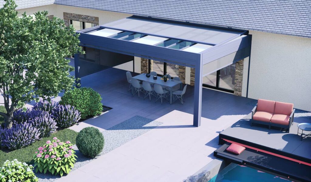 Pergola bioclimatique grise avec salon repas sur terrasse à Quimper