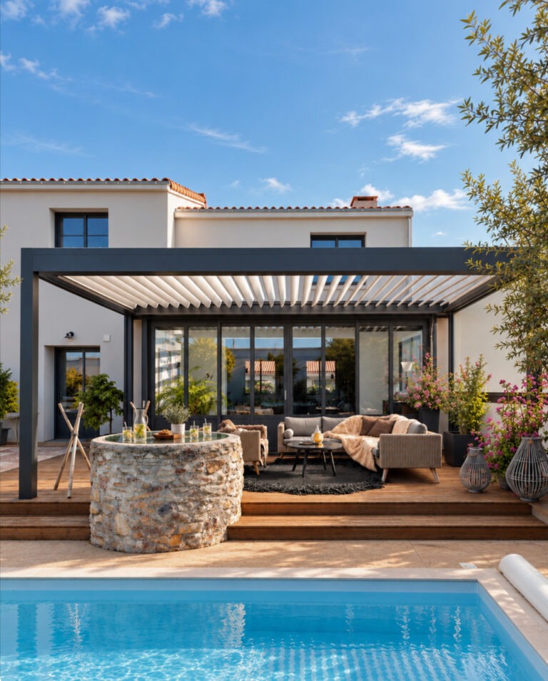 Pergola bioclimatique aluminium à lames orientables avec terrasse en bois et piscine